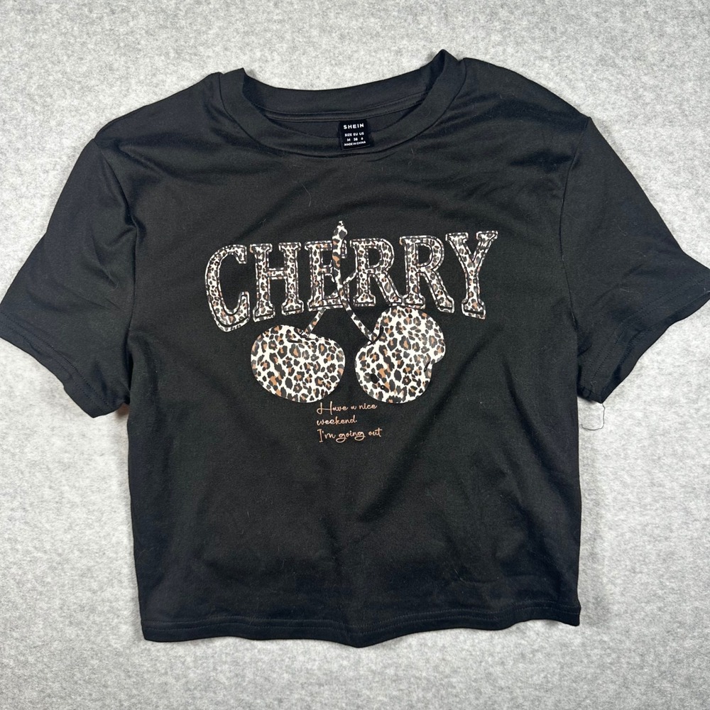 SHEIN Womens Black Leopard Cherry Graphic Crop Top Short Sleeve Tee Size Medium
